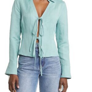 NEW Blank NYC sea-foam Green tie front Linen Blend blouse‎ SMALL